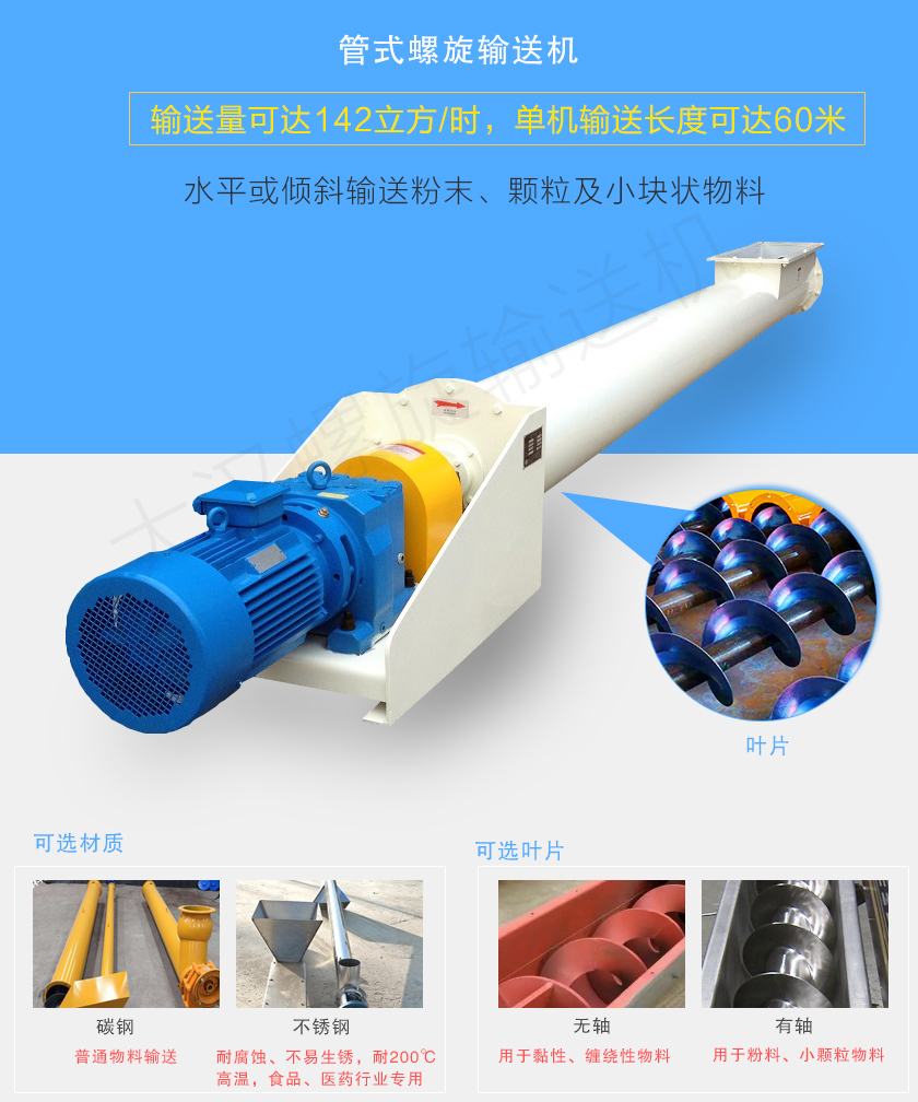管式螺旋輸送機可用于水平、傾斜輸送粉末、顆粒及小塊狀物料，分有軸和無軸兩種
